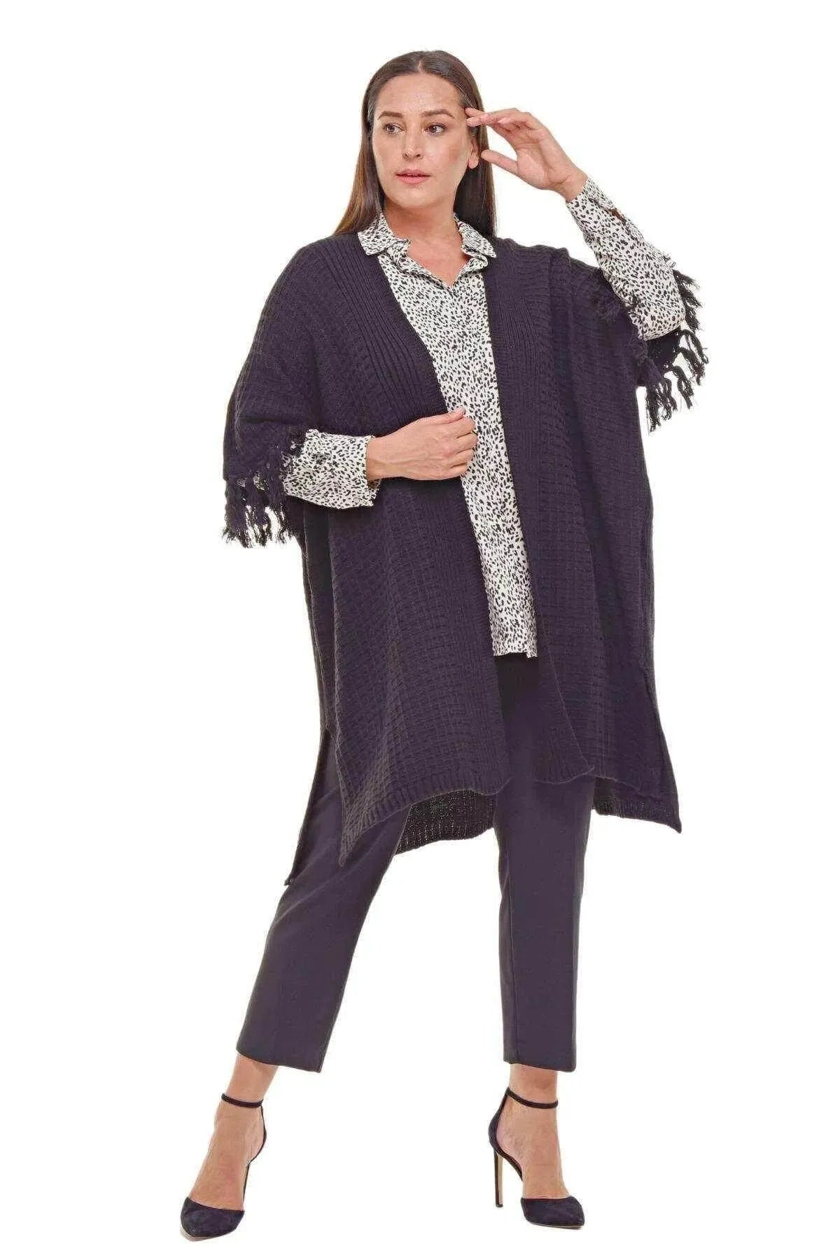 Poncho Femme Hanezza en Coton et Viscose à Motifs Ethniques et Franges