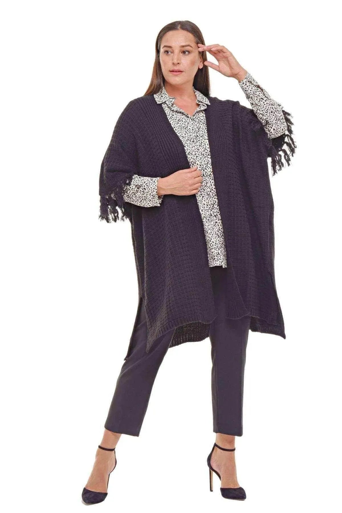 Poncho Femme Hanezza en Coton et Viscose à Motifs Ethniques et Franges