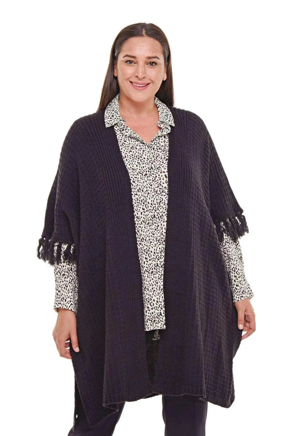 Poncho Femme Hanezza en Coton et Viscose à Motifs Ethniques et Franges