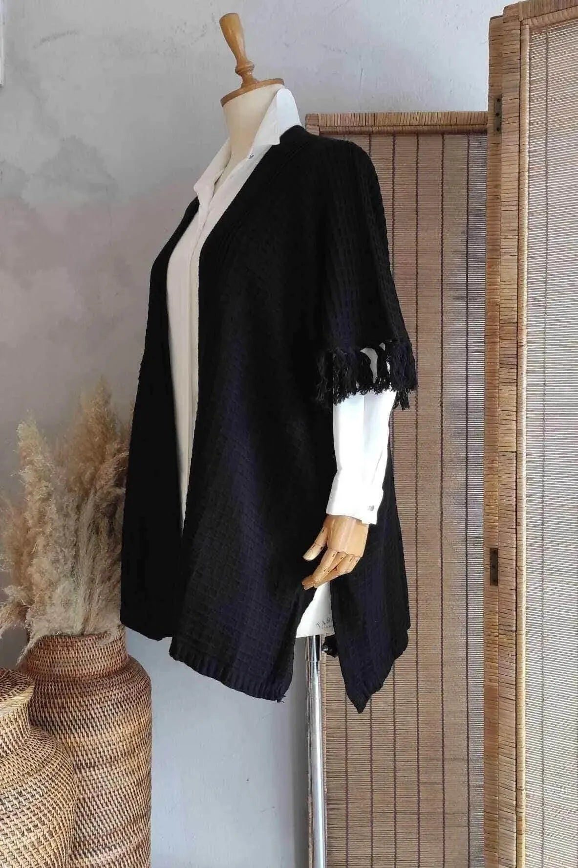 Poncho Femme Hanezza en Coton et Viscose à Motifs Ethniques et Franges