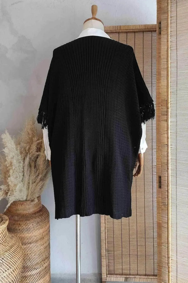 Poncho Femme Hanezza en Coton et Viscose à Motifs Ethniques et Franges
