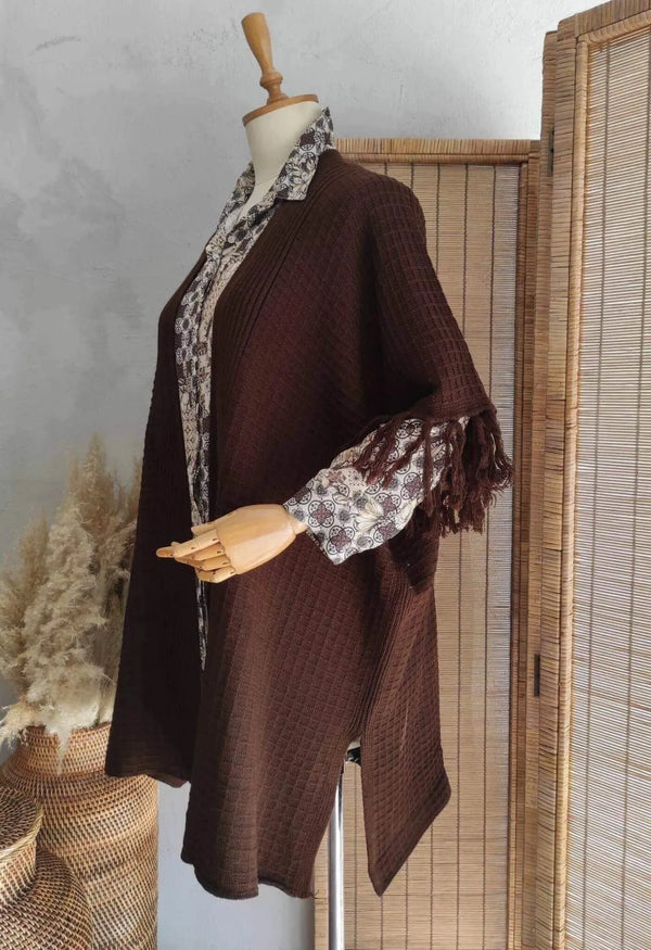 Poncho Femme Hanezza en Coton et Viscose à Motifs Ethniques et Franges