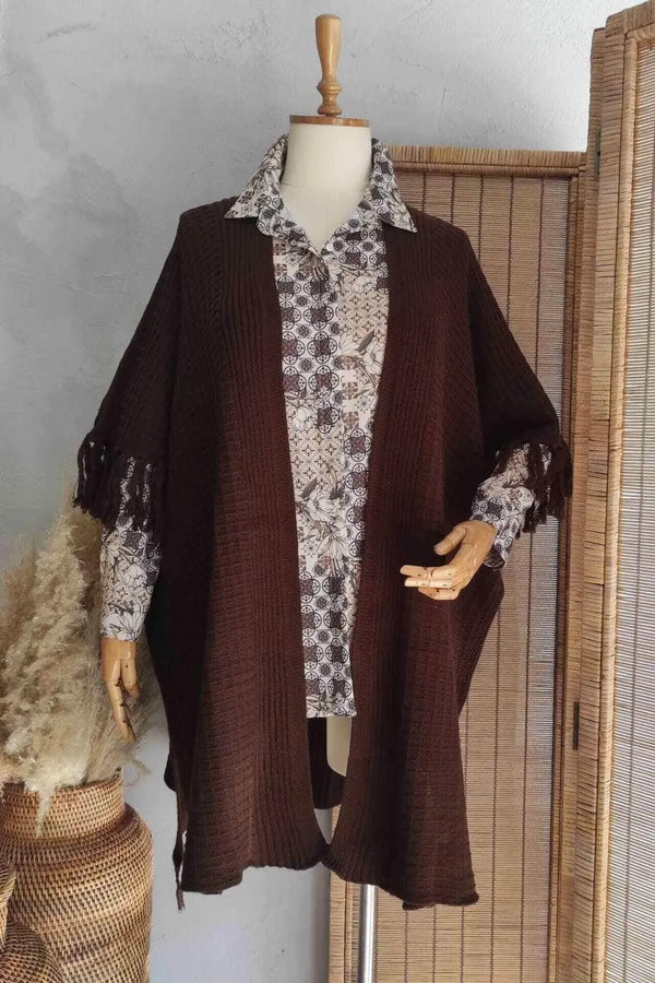 Poncho Femme Hanezza en Coton et Viscose à Motifs Ethniques et Franges