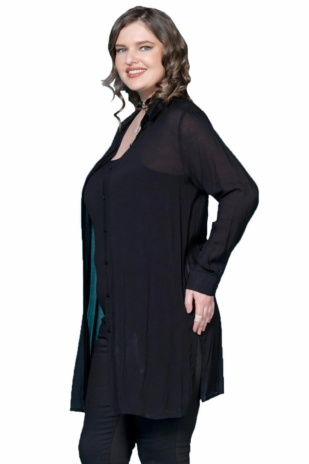 Женский черный вуалевый жакет с воротником P5274 - Image 6