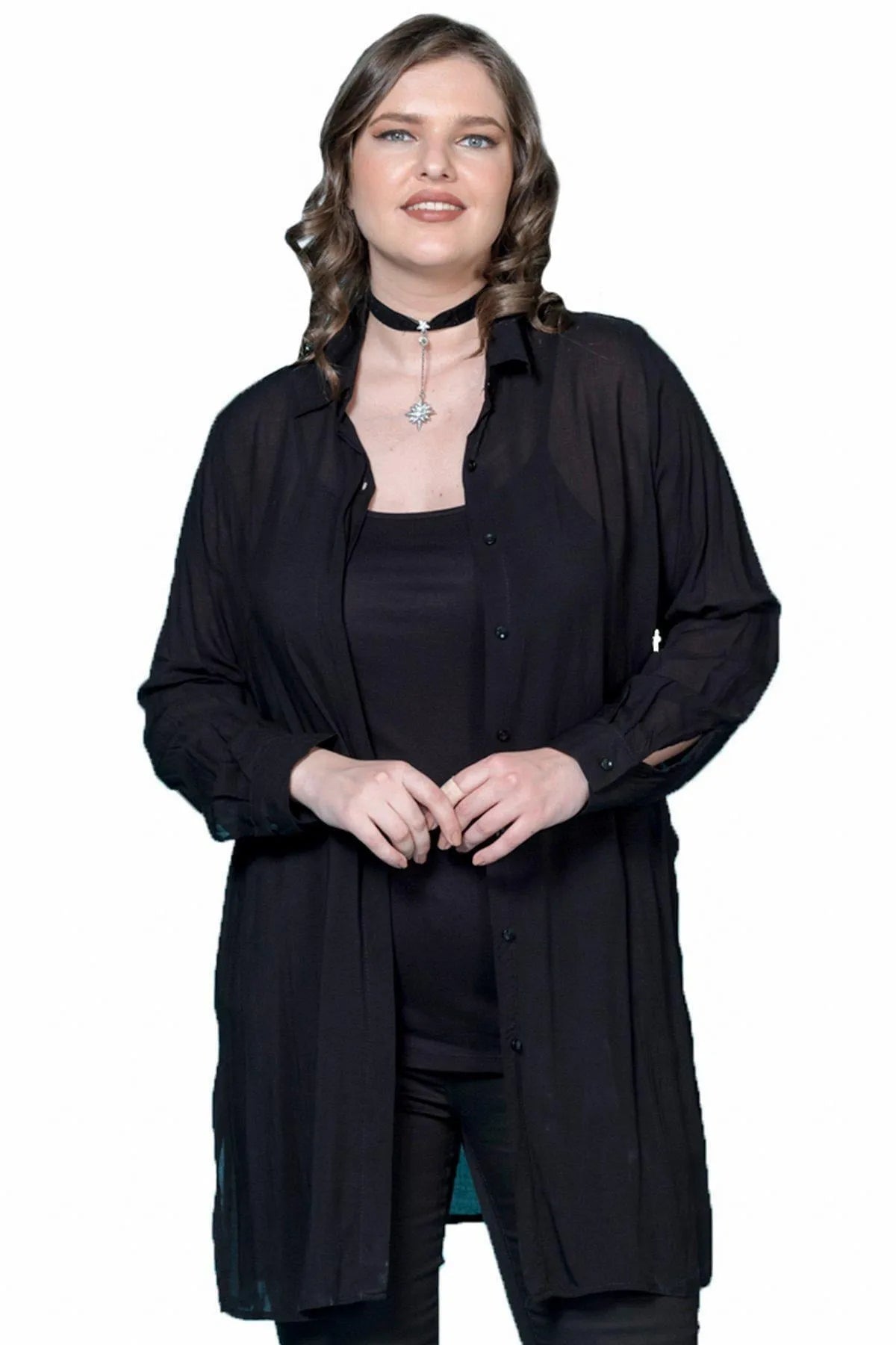 Hanezza Damen Voile-Jacke mit Kragen Schwarz P5274