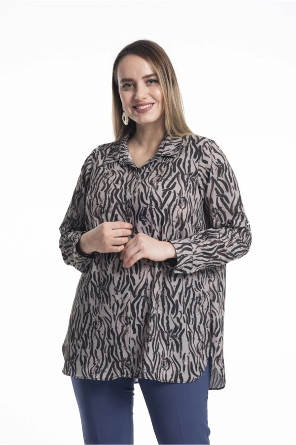 Büyük Beden Kadın Kapalı Patlı Gömlek Büyük Beden Gömlek Kahverengi Zebra desenli