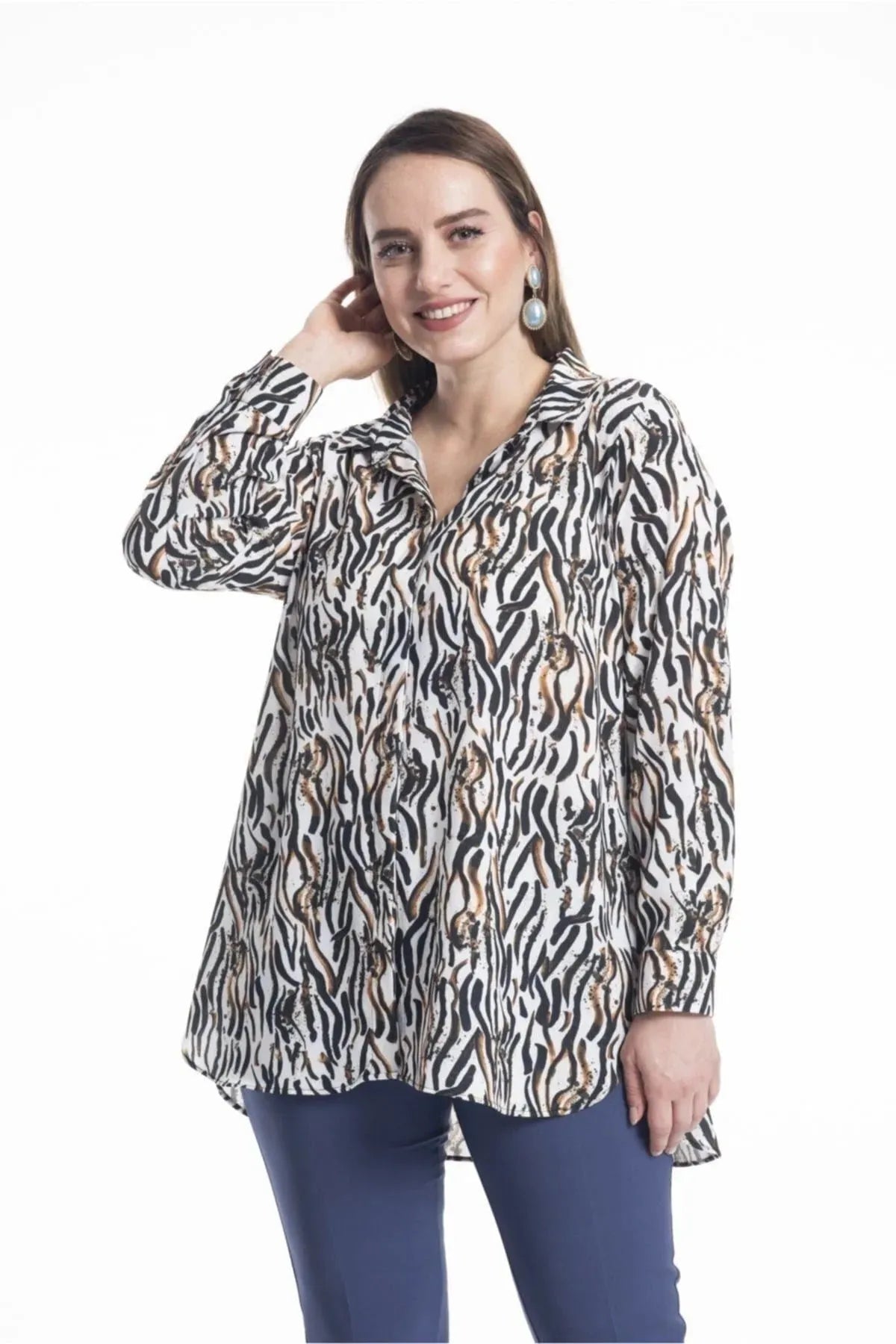Büyük Beden Kadın Kapalı Patlı Gömlek Büyük Beden Gömlek Desenli Zebra