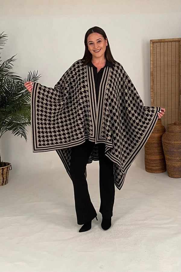 Kaz Ayağı Desenli Triko Panço - %100 Pamuklu Viskon Büyük Beden