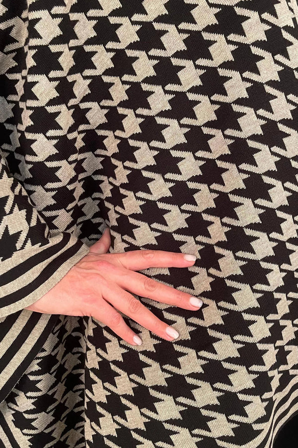 Kaz Ayağı Desenli Triko Panço - %100 Pamuklu Viskon Büyük Beden