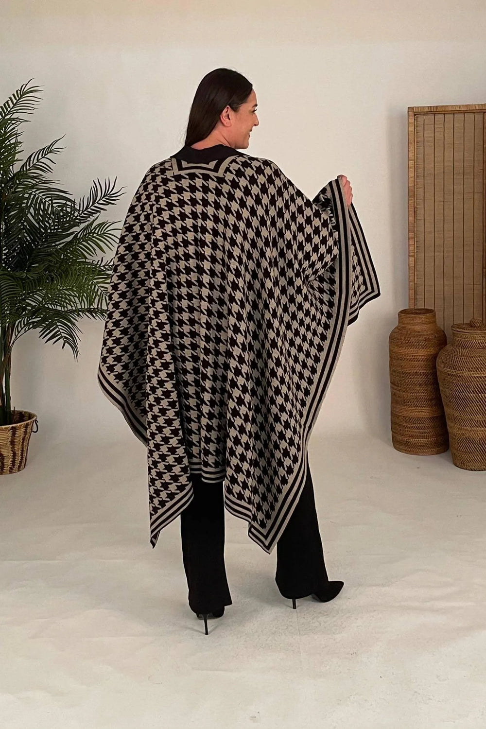 Kaz Ayağı Desenli Triko Panço - %100 Pamuklu Viskon Büyük Beden - Image 6