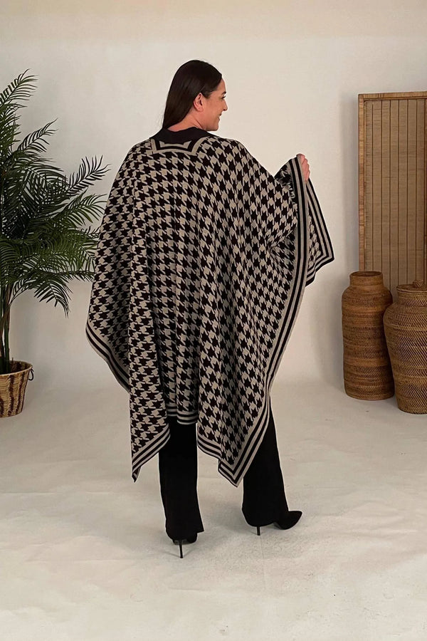 Kaz Ayağı Desenli Triko Panço - %100 Pamuklu Viskon Büyük Beden