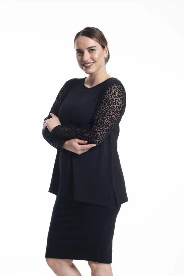 Büyük Beden Kadın Kol Leopar Dantelli Bluz Büyük Beden Bluz Siyah Dantel