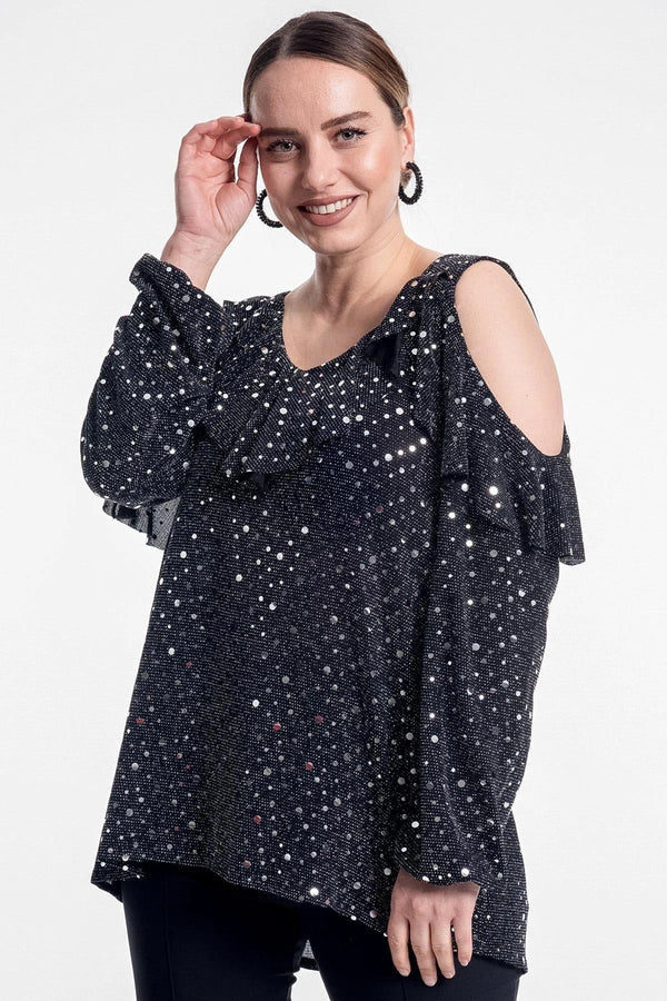 Büyük Beden Kadın Omuz Detaylı Bluz Büyük Beden Bluz Siyah Desenli