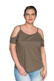 Büyük Beden Kadın Omuz Detaylı Pamuklu T-shirt Büyük Beden T-Shirt Haki Pamuklu