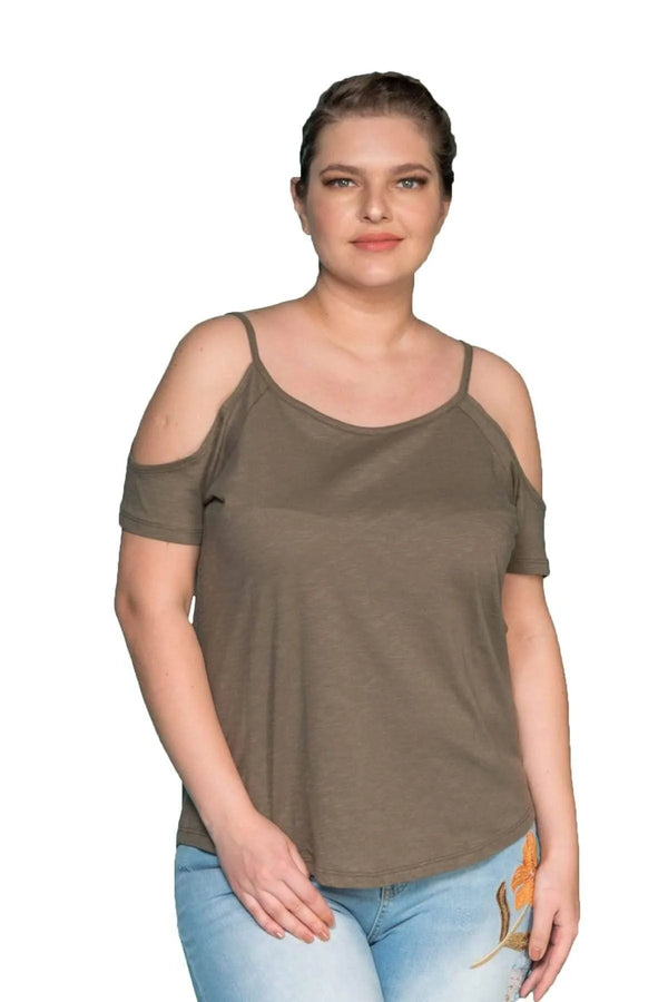 Büyük Beden Kadın Omuz Detaylı Pamuklu T-shirt Büyük Beden T-Shirt Haki Pamuklu