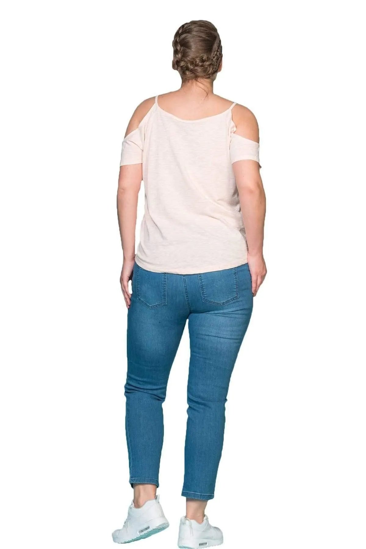 Büyük Beden Kadın Omuz Detaylı Pamuklu T-shirt Büyük Beden T-Shirt Krem Pamuklu
