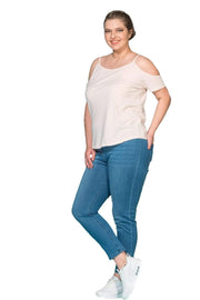 Büyük Beden Kadın Omuz Detaylı Pamuklu T-shirt Büyük Beden T-Shirt Bej Pamuklu