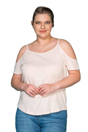 Büyük Beden Kadın Omuz Detaylı Pamuklu T-shirt Büyük Beden T-Shirt Bej Pamuklu