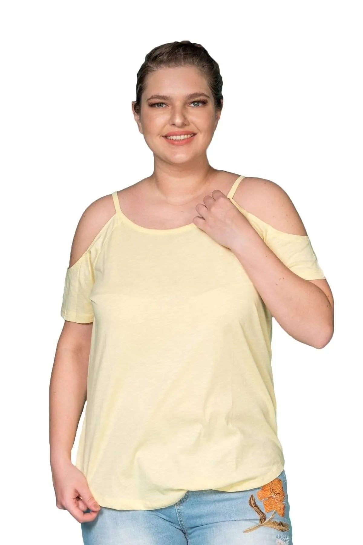 Büyük Beden Kadın Omuz Detaylı Pamuklu T-shirt Büyük Beden T-Shirt Sarı Pamuklu