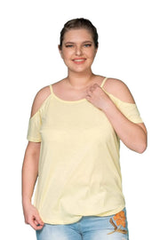 Büyük Beden Kadın Omuz Detaylı Pamuklu T-shirt Büyük Beden T-Shirt Sarı Pamuklu