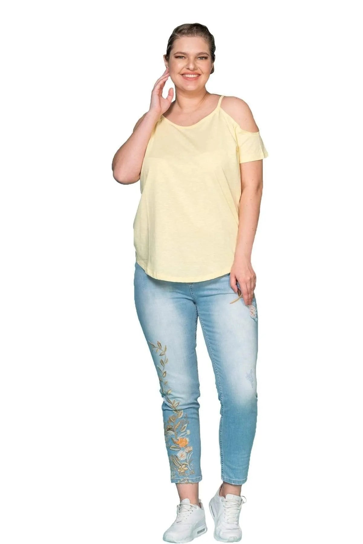 Büyük Beden Kadın Omuz Detaylı Pamuklu T-shirt Büyük Beden T-Shirt Sarı Pamuklu