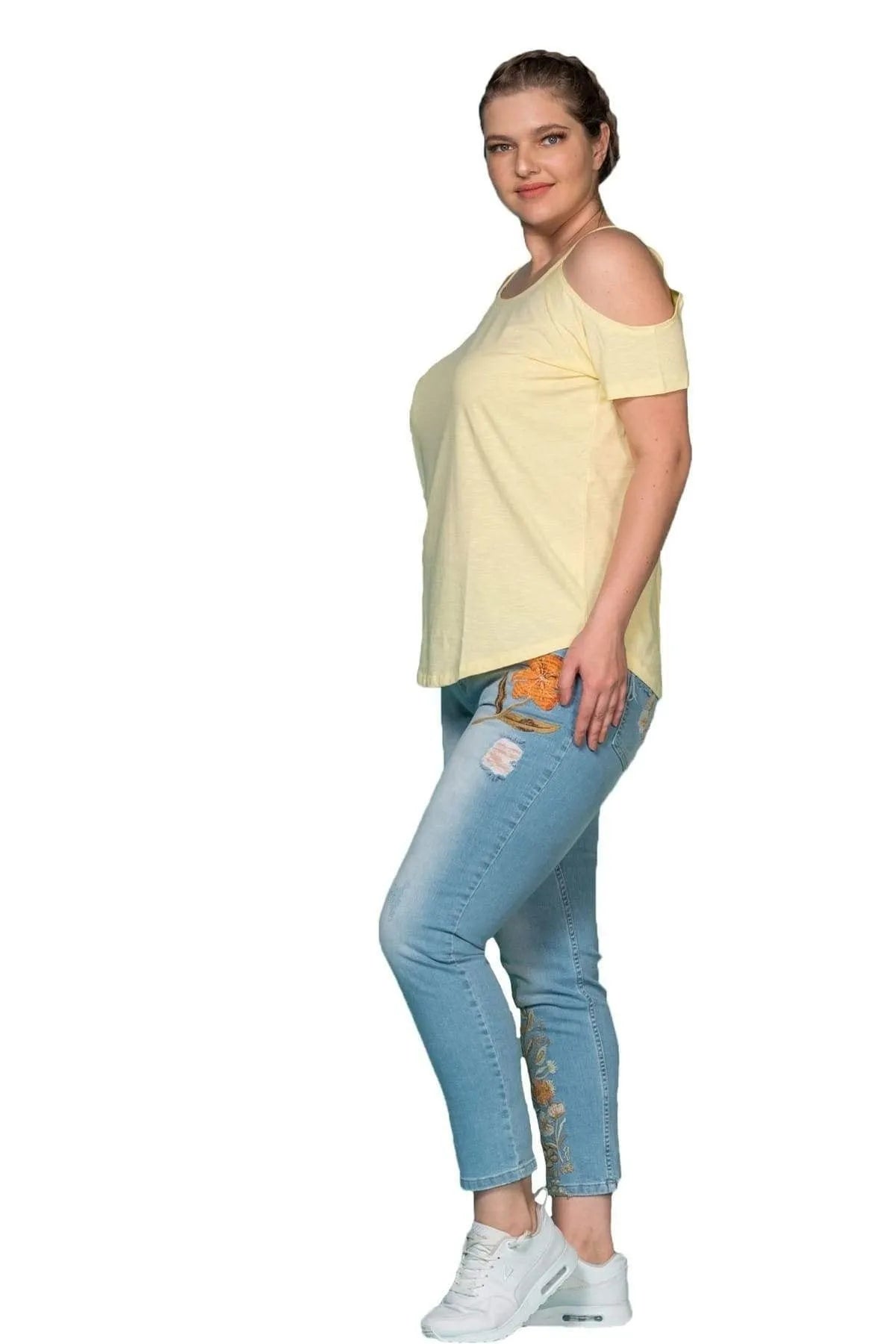 Büyük Beden Kadın Omuz Detaylı Pamuklu T-shirt Büyük Beden T-Shirt Sarı Pamuklu