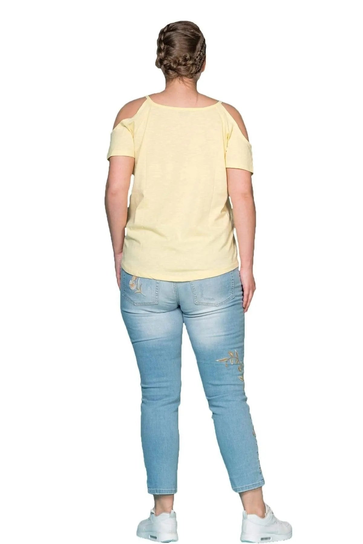 Büyük Beden Kadın Omuz Detaylı Pamuklu T-shirt Büyük Beden T-Shirt Sarı Pamuklu