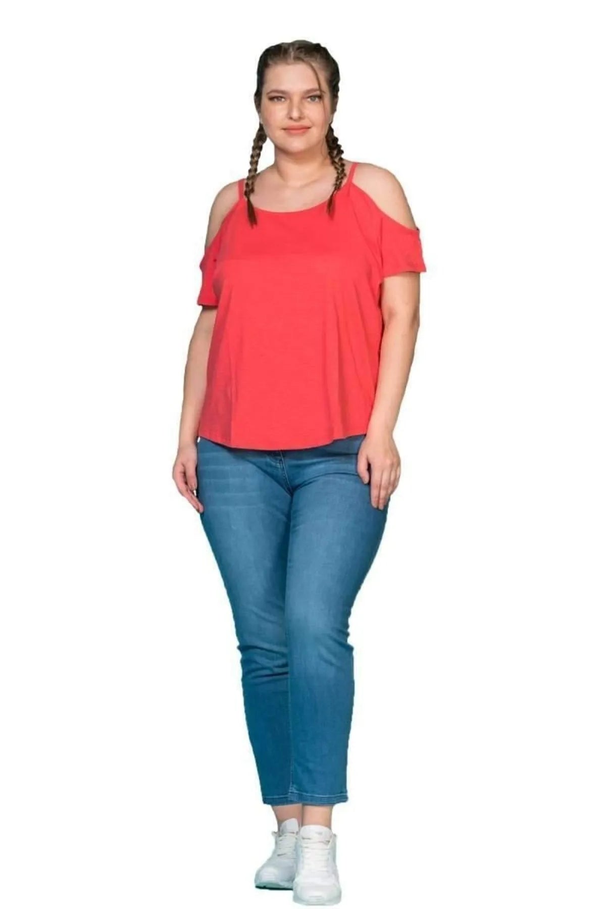 Büyük Beden Kadın Omuz Detaylı Pamuklu T-shirt Büyük Beden T-Shirt Kırmızı Pamuklu