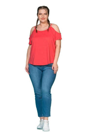 Büyük Beden Kadın Omuz Detaylı Pamuklu T-shirt Büyük Beden T-Shirt Kırmızı Pamuklu