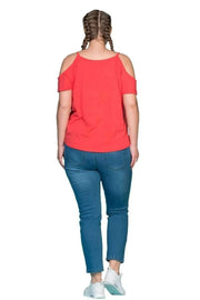 Büyük Beden Kadın Omuz Detaylı Pamuklu T-shirt Büyük Beden T-Shirt Kırmızı Pamuklu