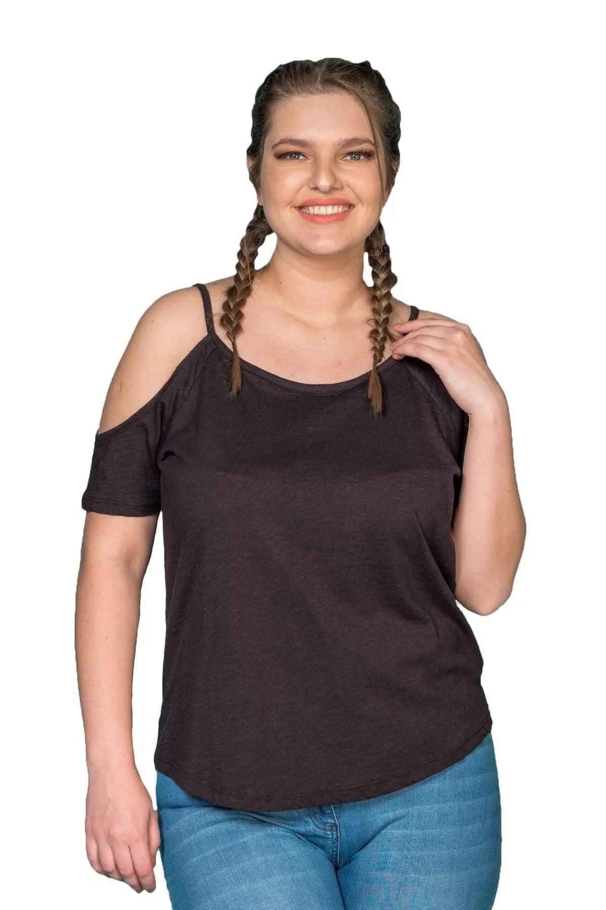 Büyük Beden Kadın Omuz Detaylı Pamuklu T-shirt Büyük Beden T-Shirt Kahverengi Pamuklu