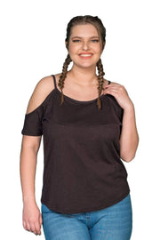 Büyük Beden Kadın Omuz Detaylı Pamuklu T-shirt Büyük Beden T-Shirt Kahverengi Pamuklu