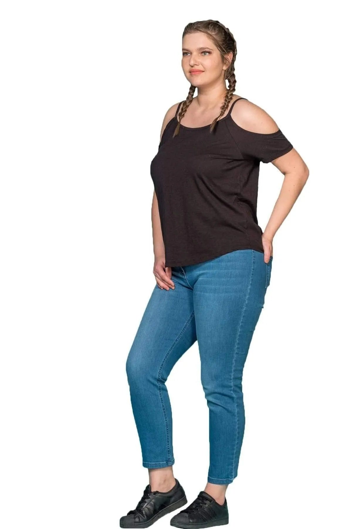 Büyük Beden Kadın Omuz Detaylı Pamuklu T-shirt Büyük Beden T-Shirt Siyah Düz Pamuk