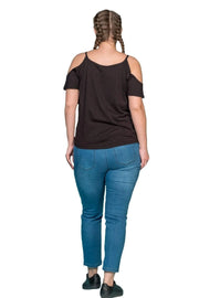 Büyük Beden Kadın Omuz Detaylı Pamuklu T-shirt Büyük Beden T-Shirt Siyah Pamuklu