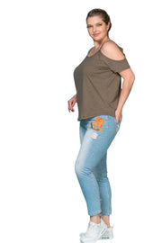 Büyük Beden Kadın Omuz Detaylı Pamuklu T-shirt Büyük Beden T-Shirt Haki Pamuklu