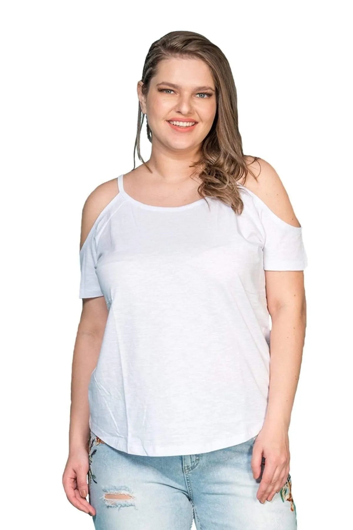 Büyük Beden Kadın Omuz Detaylı Pamuklu T-shirt Büyük Beden T-Shirt Beyaz Pamuklu