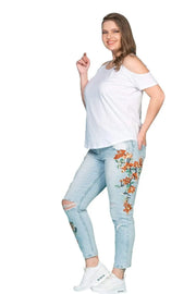 Büyük Beden Kadın Omuz Detaylı Pamuklu T-shirt Büyük Beden T-Shirt Beyaz Pamuklu