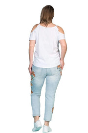 Büyük Beden Kadın Omuz Detaylı Pamuklu T-shirt Büyük Beden T-Shirt Beyaz Pamuklu
