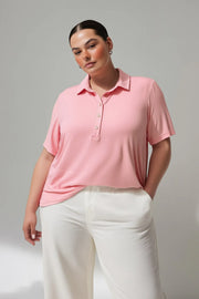 Büyük Beden Kadın Polo Yaka T-shirt Büyük Beden T-Shirt Pembe Düz Renk