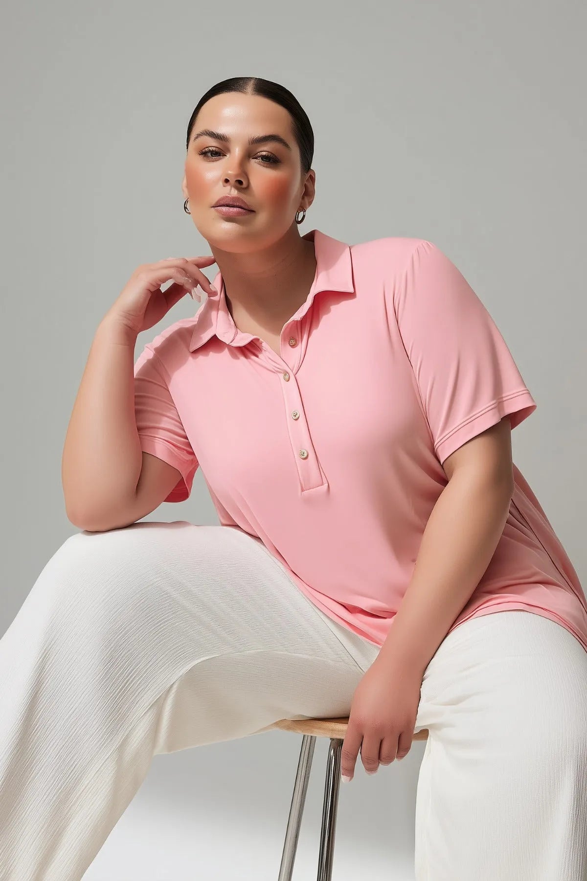 Büyük Beden Kadın Polo Yaka T-shirt Büyük Beden T-Shirt Pembe Düz Renk