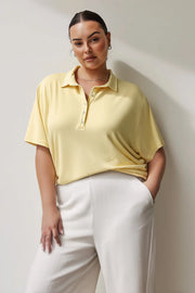 Büyük Beden Kadın Polo Yaka T-shirt Büyük Beden T-Shirt Sarı Düz Renk