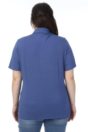 Büyük Beden Kadın Polo Yaka T-shirt Büyük Beden T-Shirt Mavi Düz Renk