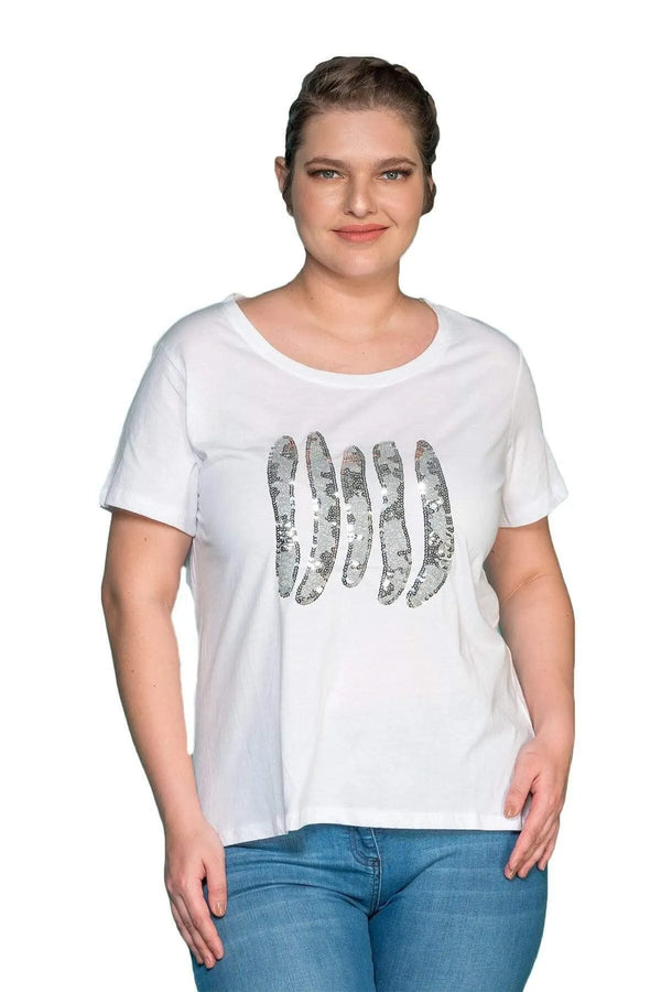 Büyük Beden Kadın Pul Nakışlı T-shirt Büyük Beden T-Shirt Beyaz Desenli