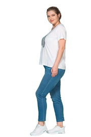 Büyük Beden Kadın Pul Nakışlı T-shirt Büyük Beden T-Shirt Beyaz Pamuk