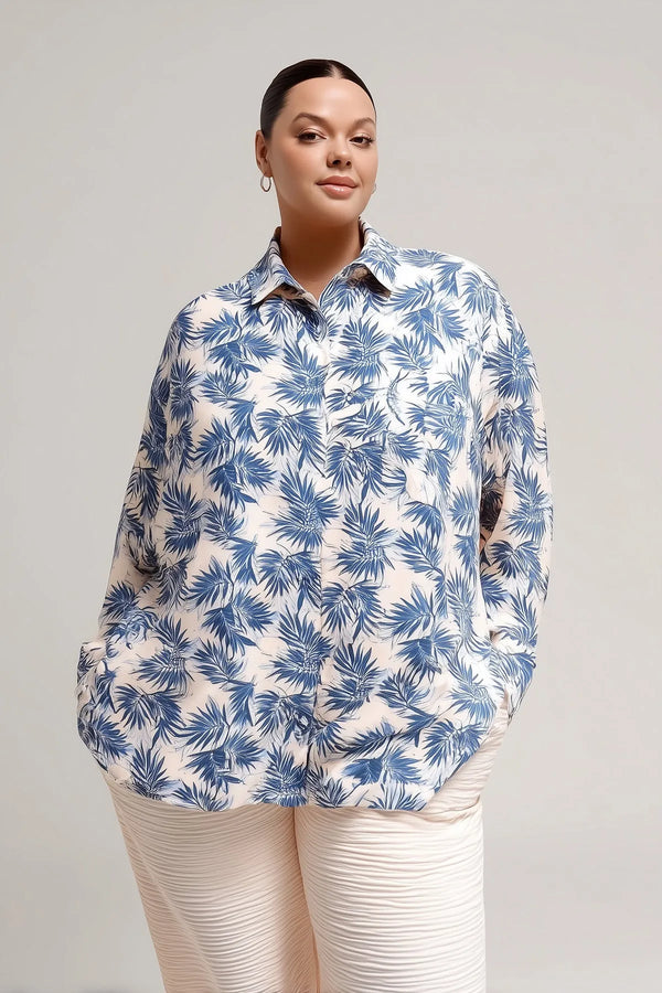 Büyük Beden Kadın "sevilla Çiçekler" Desenli Büyük Beden Pamuklu Viskon Tunik-gömlek Büyük Beden Gömlek [Mavi] [Yaprak Deseni]