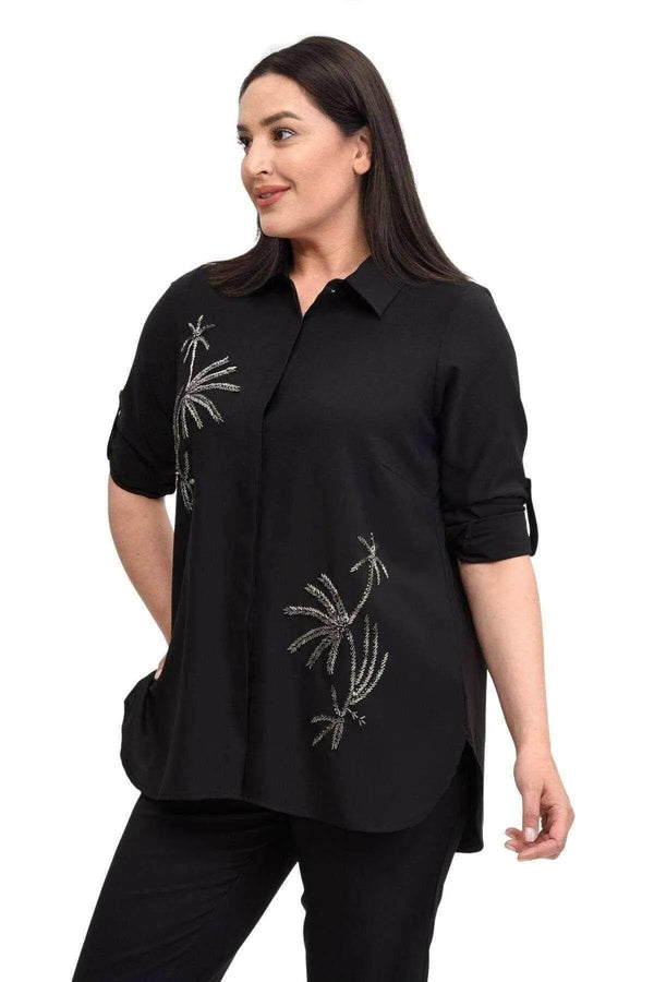 قميص سهرة نسائي أسود مطرز يدوياً - قطن فيسكوز بمقاسات كبيرة