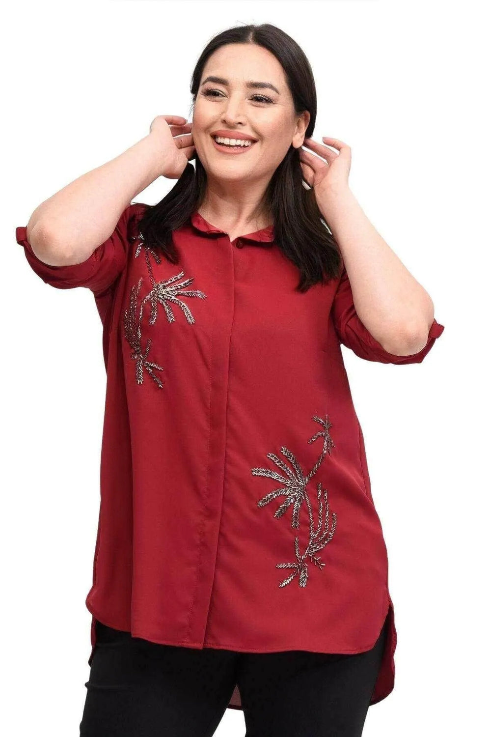 قميص سهرة نسائي أسود مطرز يدوياً - قطن فيسكوز بمقاسات كبيرة - Image 17