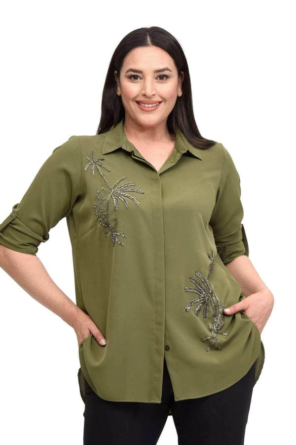 قميص سهرة نسائي أسود مطرز يدوياً - قطن فيسكوز بمقاسات كبيرة