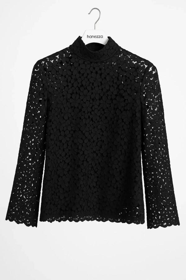 Büyük Beden Kadın Şık Siyah Dantel Bluz - Yarım Balıkçı Yaka Truva Kol Bluz Siyah Dantel