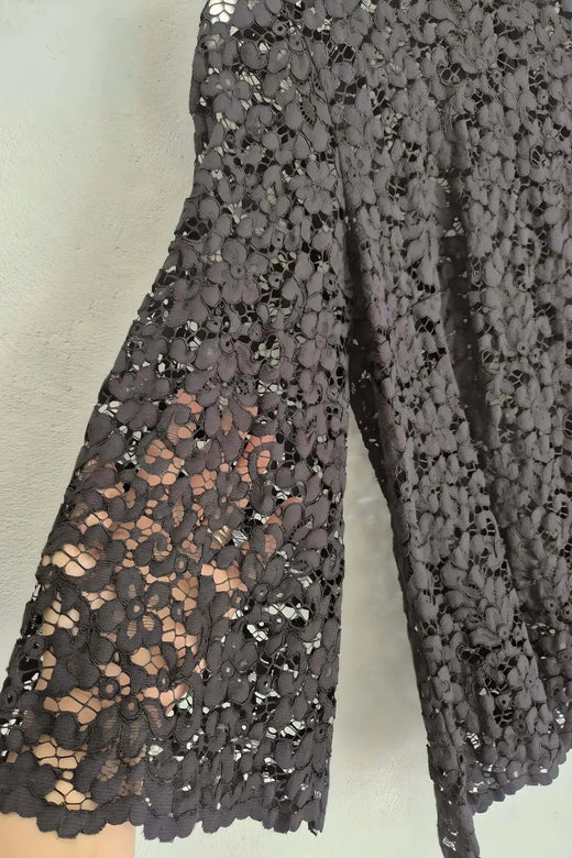 Elegant Black Lace Blouse - Mock Neck Three-Quarter Sleeves